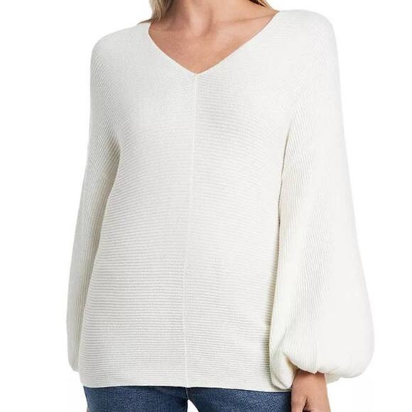 1.STATE V-Neck Balloon Sleeve Ribbed Sweater Top Size XXL/2X Antique White NWT - Picture 1 of 8
